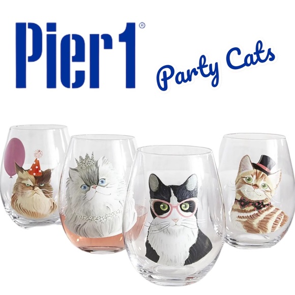 Pier 1 Party Cat Painted Stemless Wine Glass set of 4
